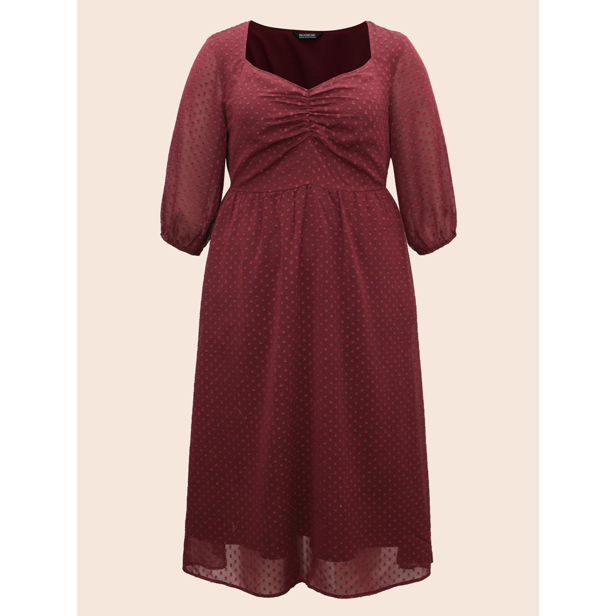 Plus Size Plain Textured Ruched Lantern Sleeve Dress Scarlet Women Elegant Heart neckline Elbow-length sleeve Curvy BloomChic 26/4X Product Image
