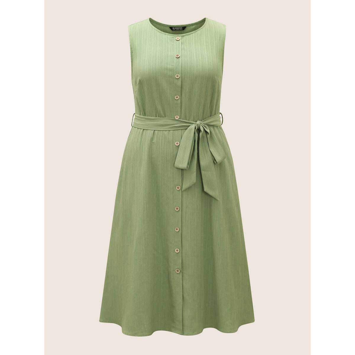 Plus Size Plain Textured Crew Neck Button Detail Midi Dress Palemauve Women Work From Home Belted Round Neck Sleeveless Curvy BloomChic 30/6X Product Image
