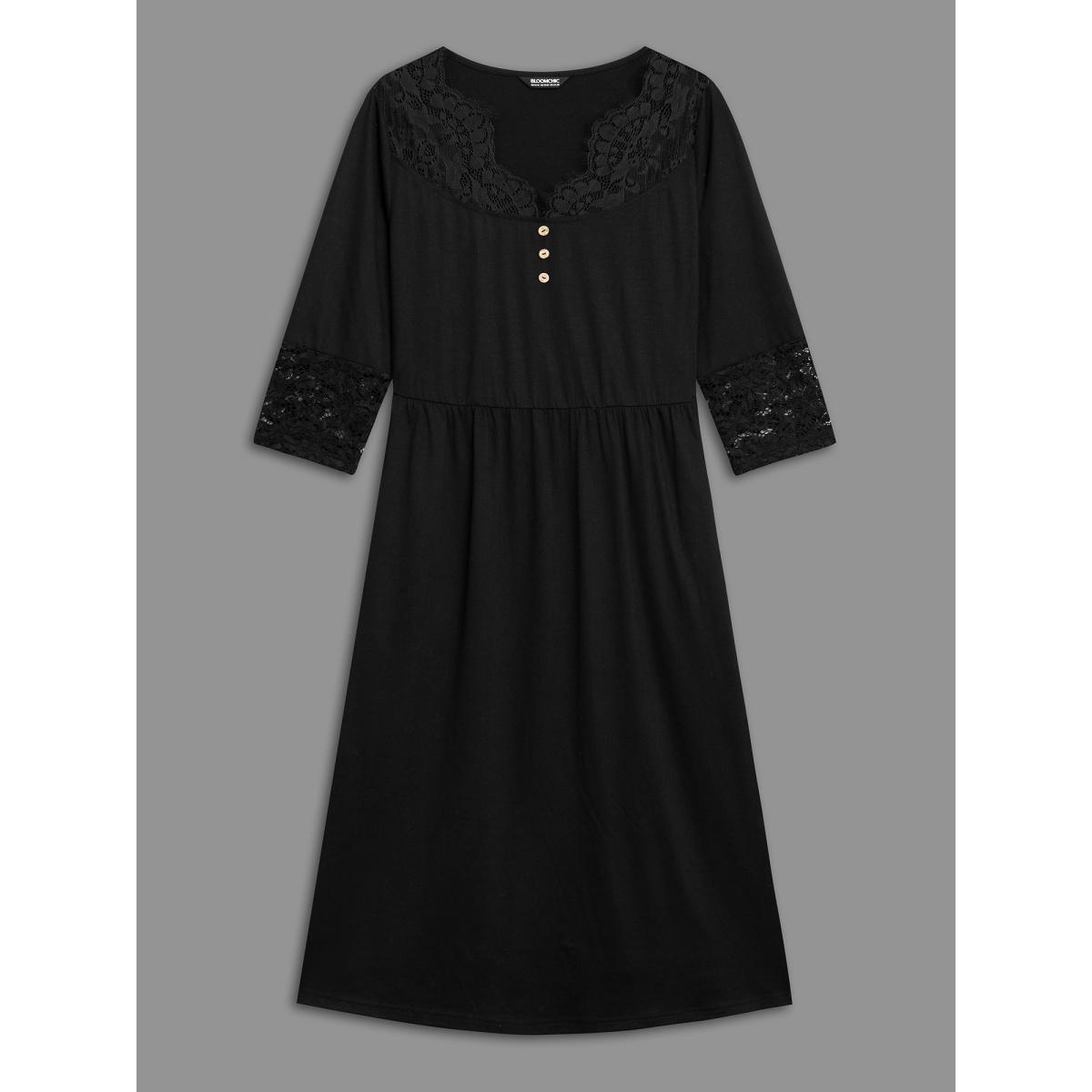 Plus Size Lace Trim Stitch Button Detail Dress Black Women Elegant Woven ribbon&lace trim Knit Dresses Bloomchic 12/L Product Image