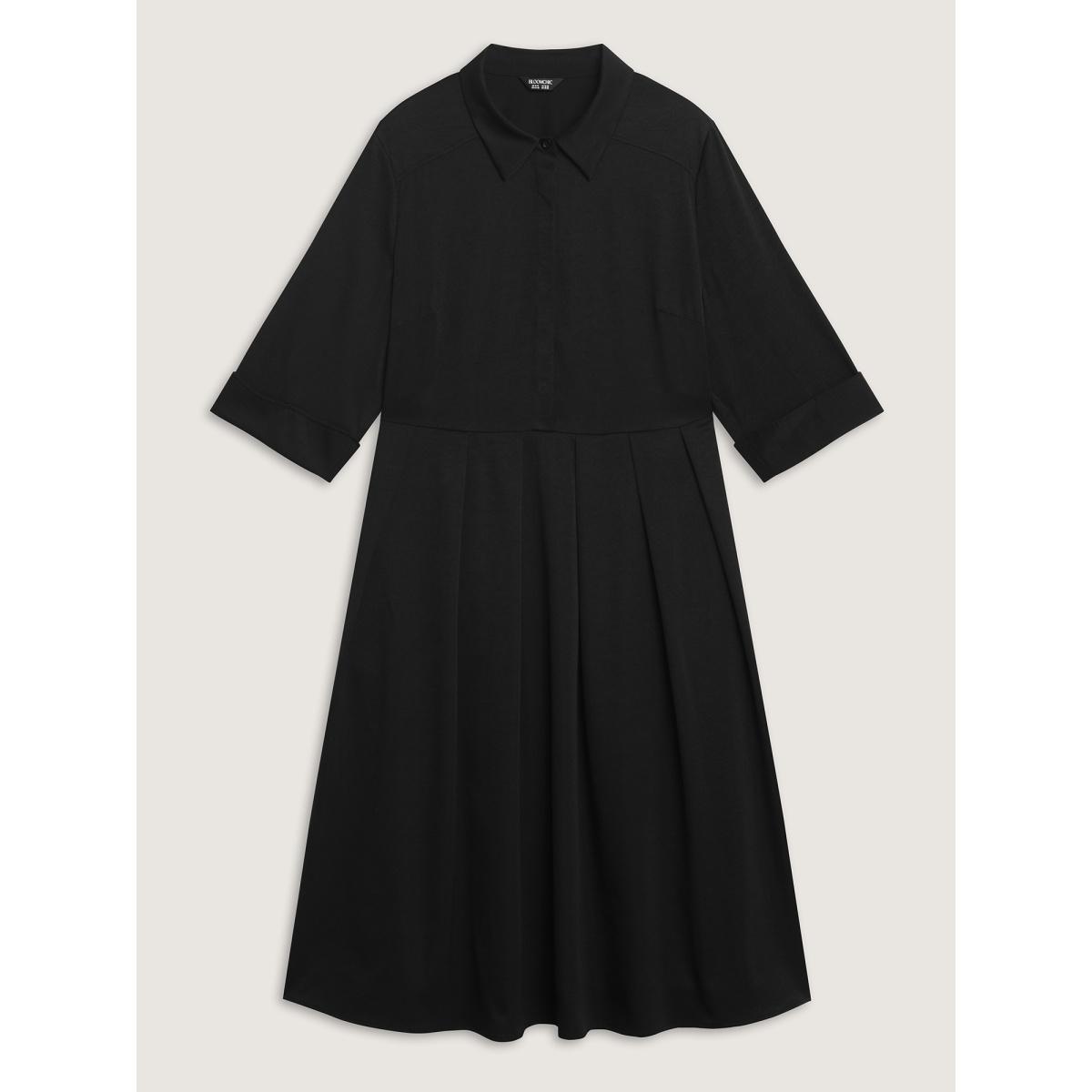 Plus Size Pleated Placket Flowy Solid Color Midi Dress Pureblack Women Office Shirt collar Long Sleeve Curvy BloomChic 14-16/1X Product Image