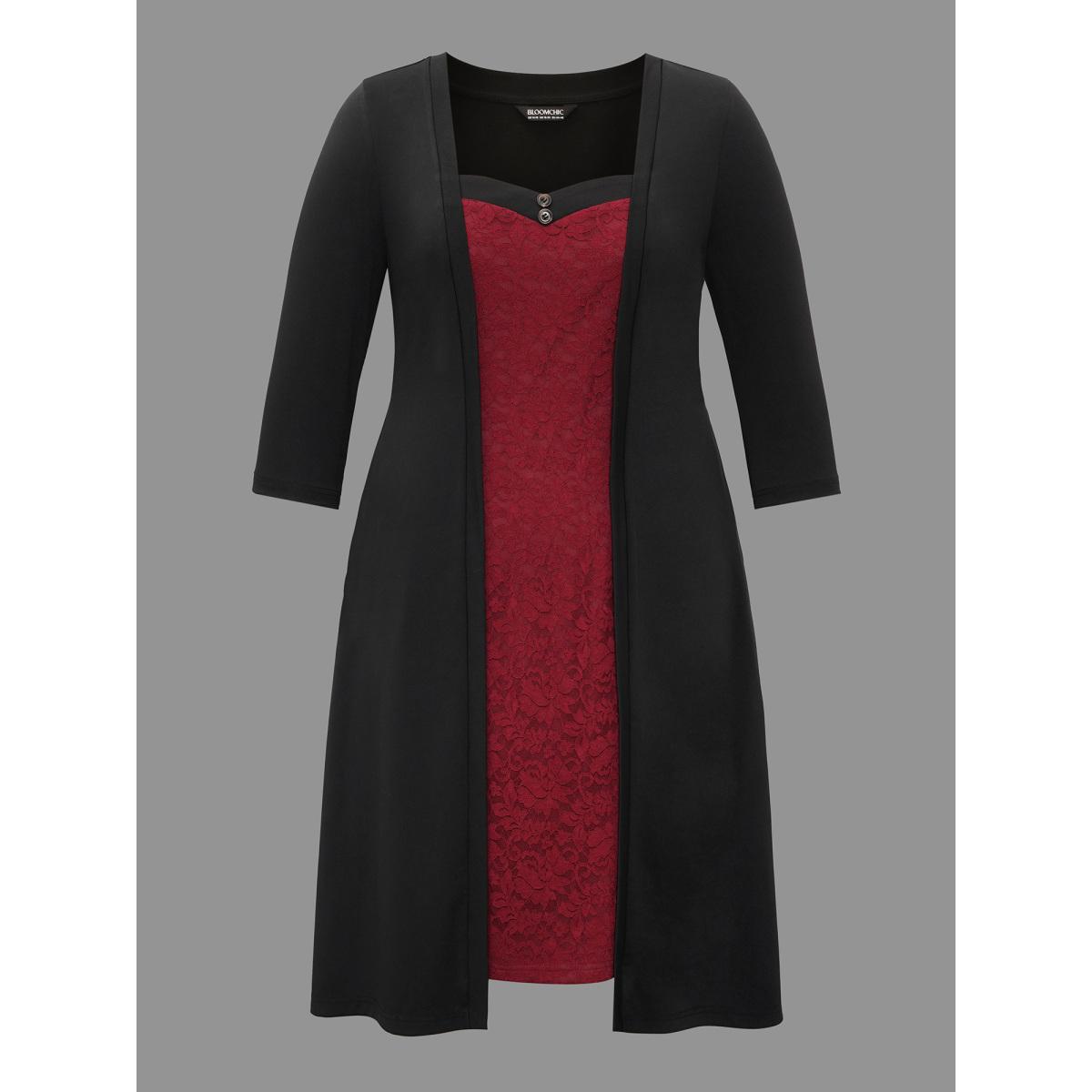 Plus Size Lace Heart Neckline Pocket Midi Dress Black Women Cocktail Texture Party Curvy Bloomchic 10/M Product Image