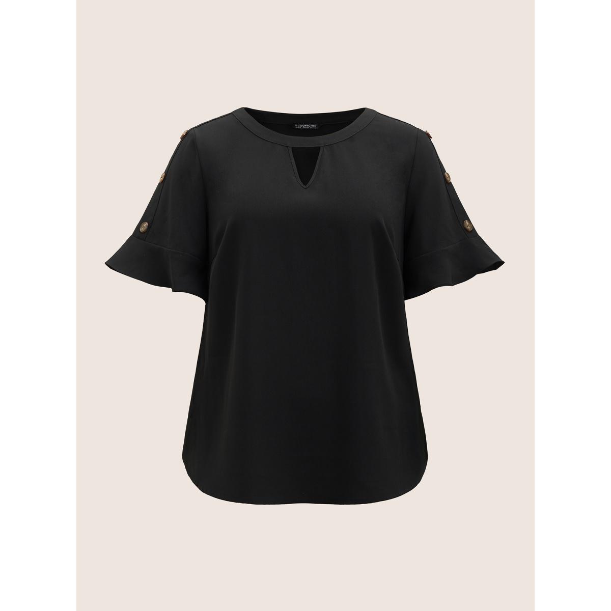 Plus Size Black Solid Cut Out Ruffles Button Detail Blouse Women Work From Home Short sleeve Round Neck Work Blouses BloomChic 22-24/3X Product Image