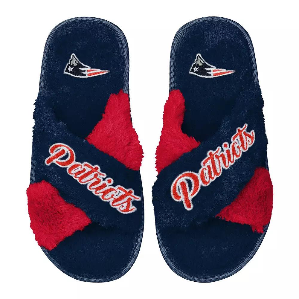 Women's FOCO Navy New England Patriots Two-Tone Crossover Faux Fur Slide Slippers, Size: XL, Blue Product Image