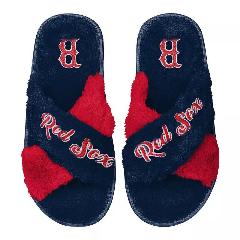 Womens FOCO Boston Red Sox Two-Tone Crossover Faux Fur Slide Slippers Blue Product Image