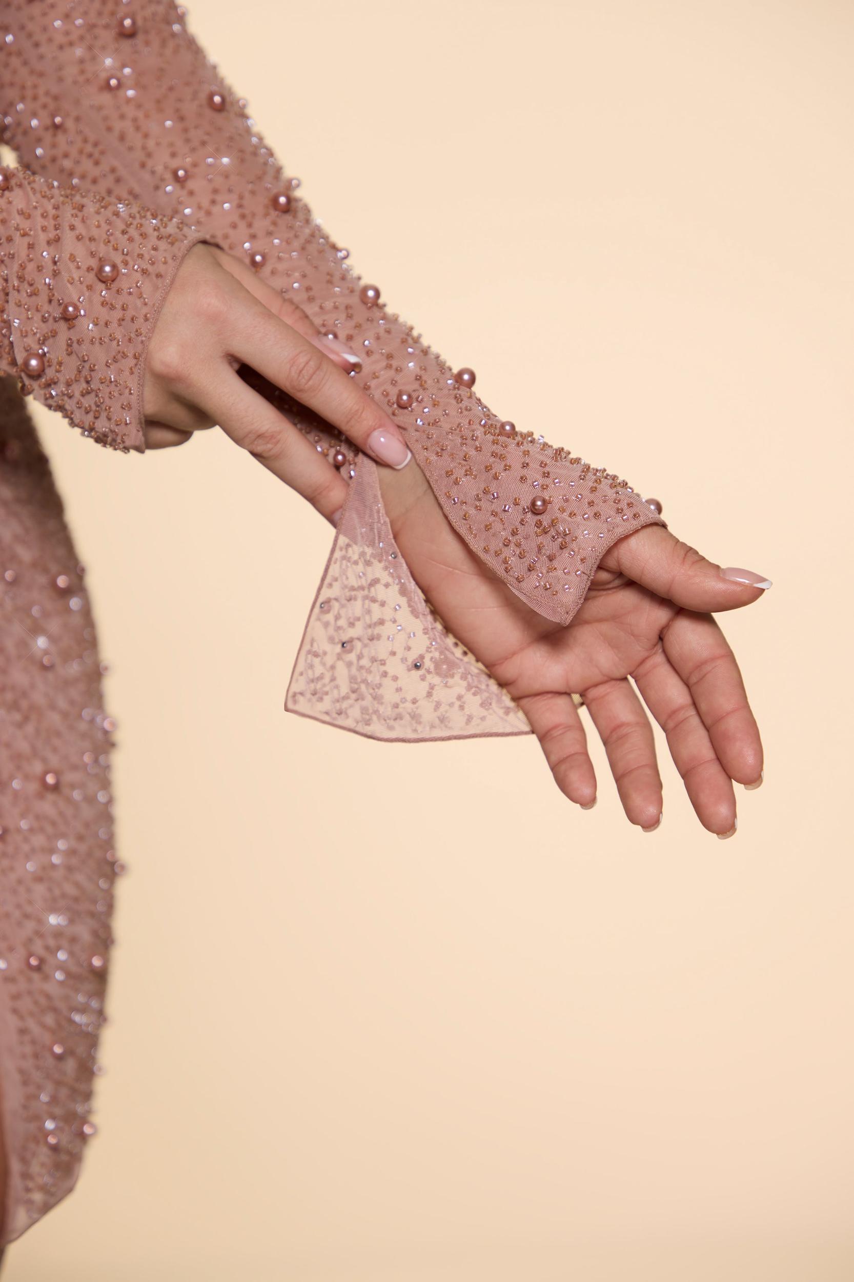 Embellished Wrap Over A-Line Mini Dress in Beige Product Image