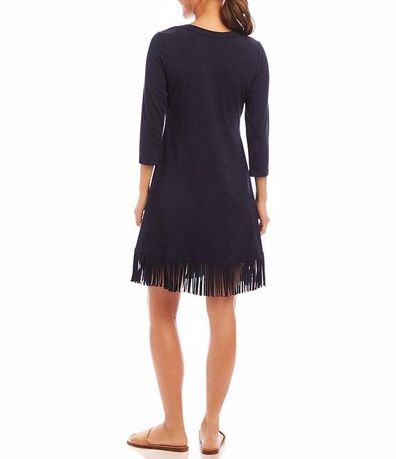 Karen Kane Scoop Neck 3/4 Sleeve Fringe Hem Dress Product Image