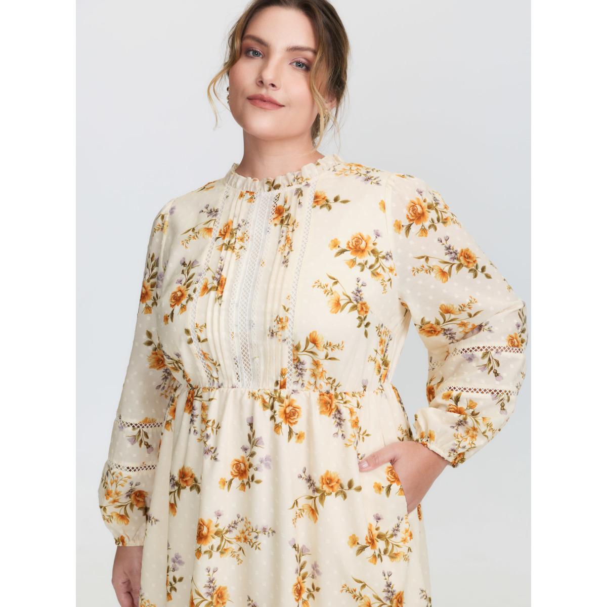 Plus Size Floral Textured Lace Trim Flowy Midi Dress Beige Women Romantic Round Neck Extra Long Sleeve Curvy BloomChic 18-20/2X Product Image