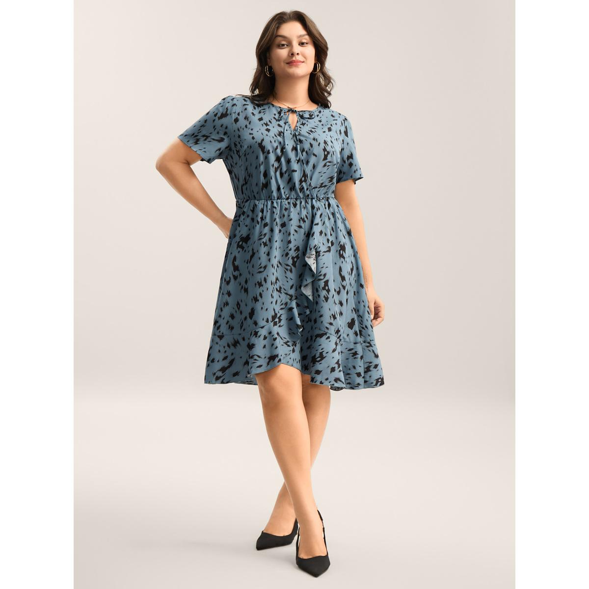 Plus Size Leopard Print Faux Wrap Ruffled Midi Dress Skyblue Women Overlap Collar Short sleeve Curvy BloomChic 26/4X Product Image