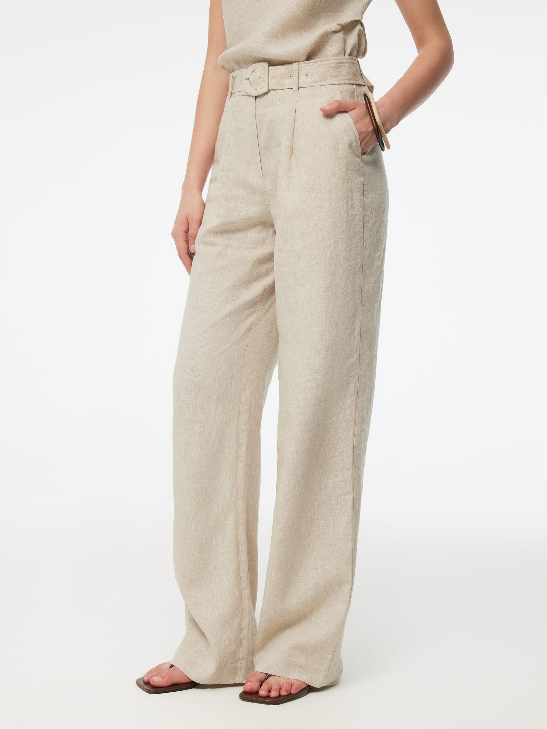 100% Linen Women Straight Leg Pants With Belt Product Image