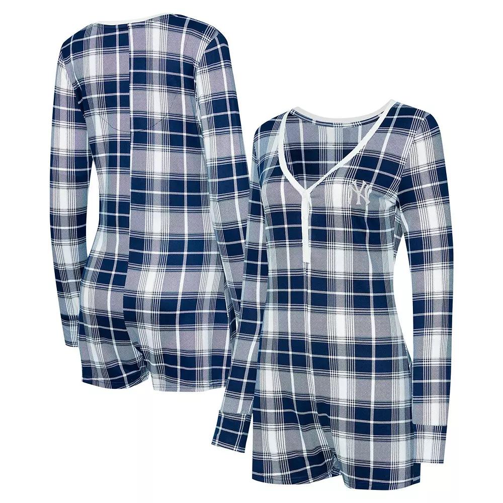 Women's Concepts Sport Navy New York Yankees Ashford Plaid V-Neck Knit Romper, Size: Medium, Blue Product Image