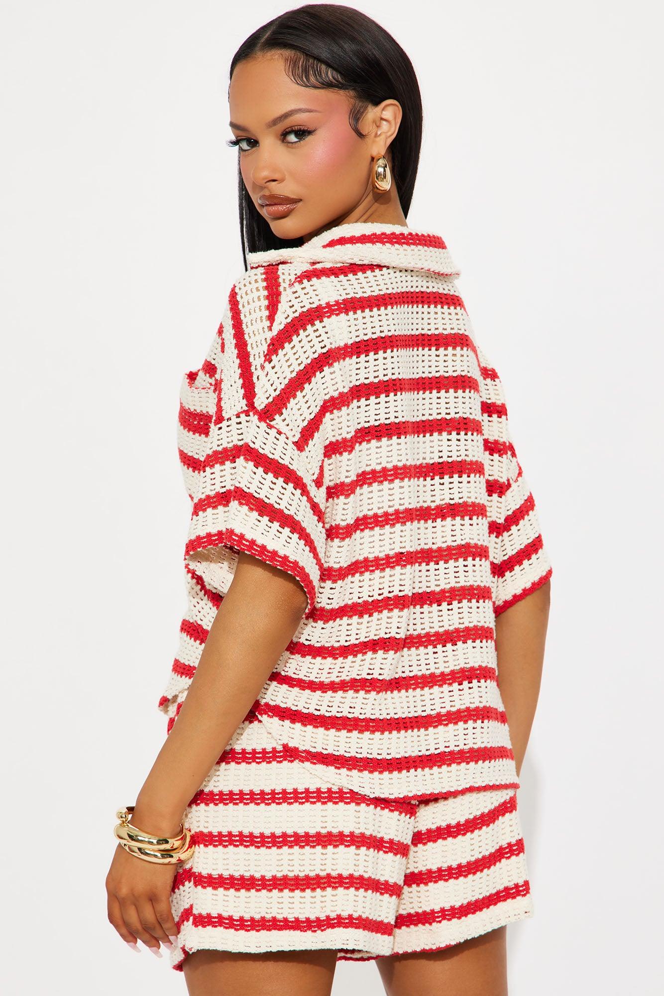 Savannah Stripe Crochet Short Set  - Red/combo Product Image