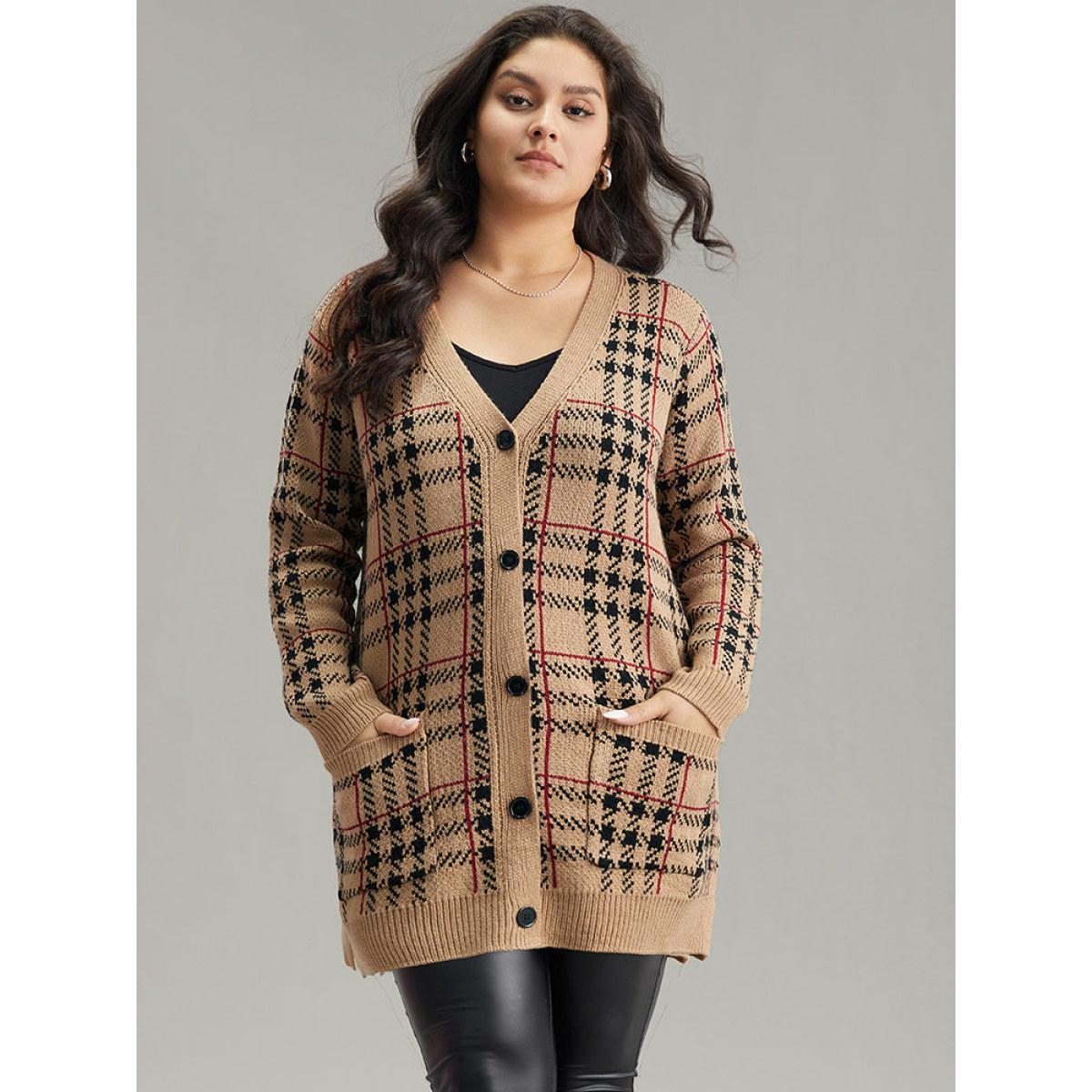 Plus Size Plaid & Houndstooth Print Patched Pocket Cardigan Multicolor Women Casual Loose Long Sleeve Dailywear Cardigans BloomChic 28/5X Product Image