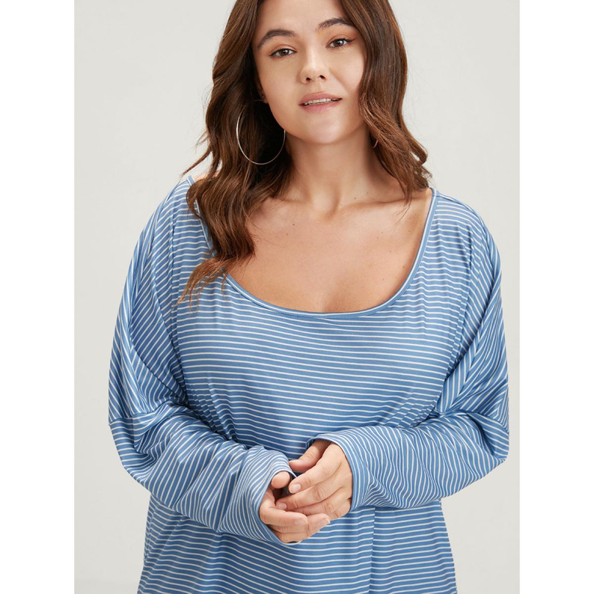 Plus Size Striped Print Scoop Neck Long Tee Blue Women Casual Striped Scoop Neck Loose Dailywear T-shirts BloomChic 12/L Product Image