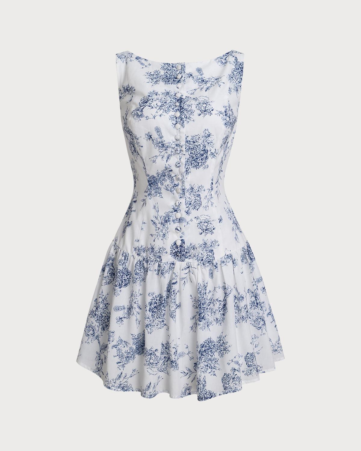 Blue Floral Boat Neck Sleeveless Mini Dress Product Image