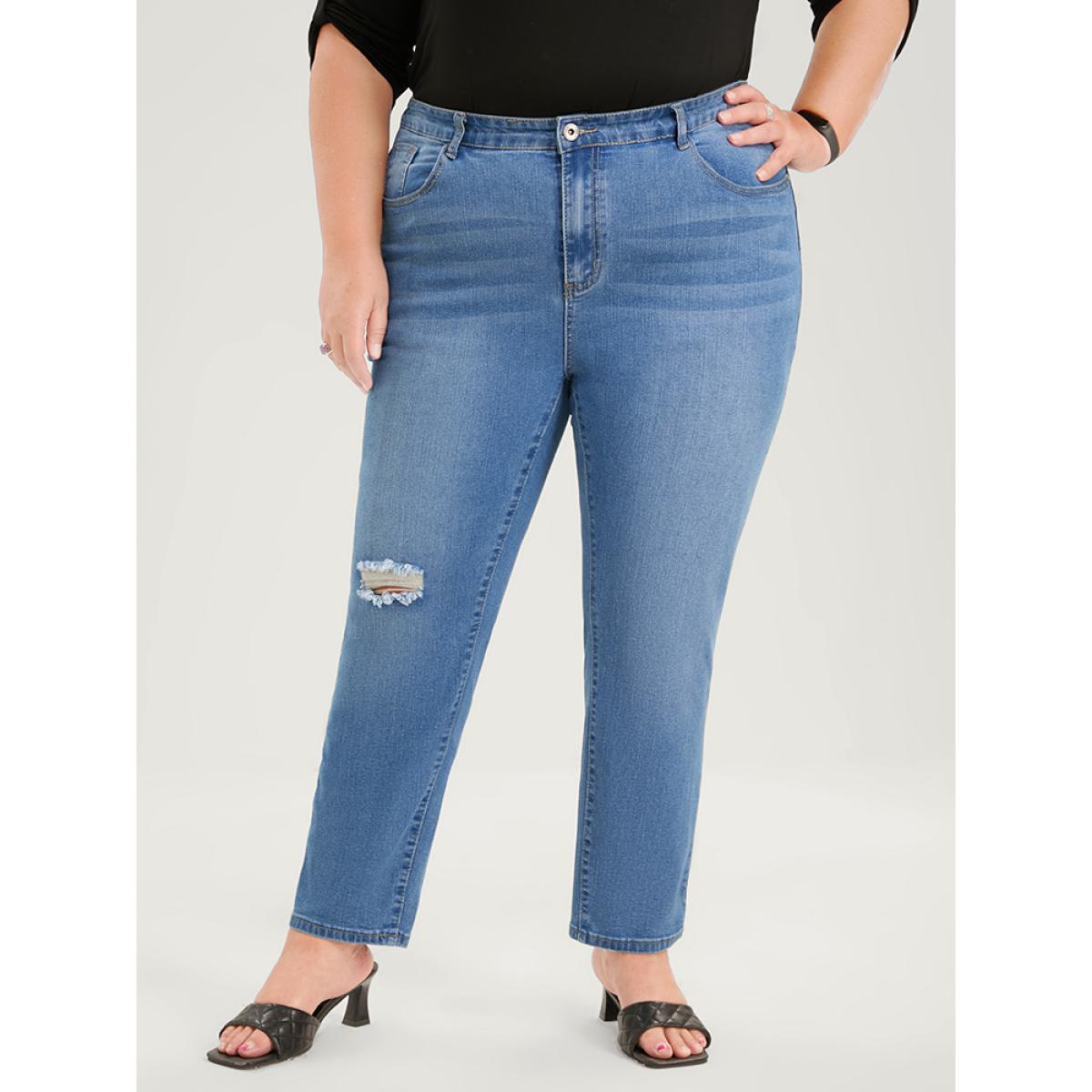 Plus Size Skinny Very Stretchy High Rise Medium Wash Distressed Ankle Jeans Women Blue Casual Plain Plain High stretch Pocket Jeans BloomChic 30/6X Product Image