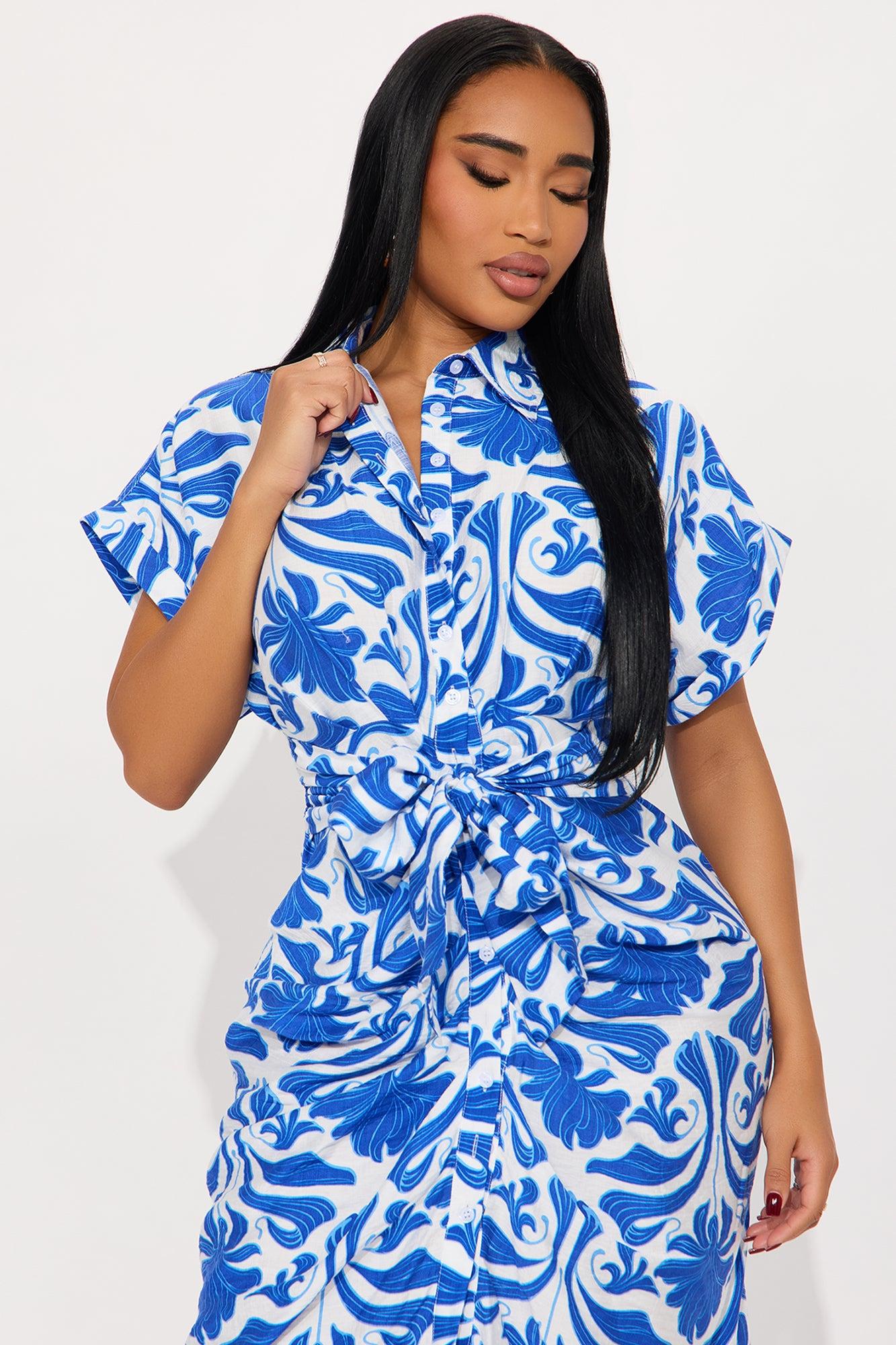 Nori Linen Shirt Midi Dress - Royal/combo Product Image