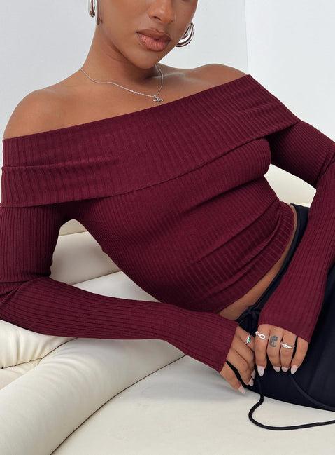 Morley Off Shoulder Sweater Burgundy Product Image