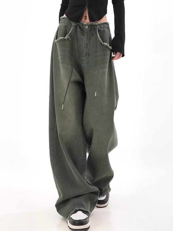 Raw Trim High Rise Drawstring Boyfriend Jeans Product Image