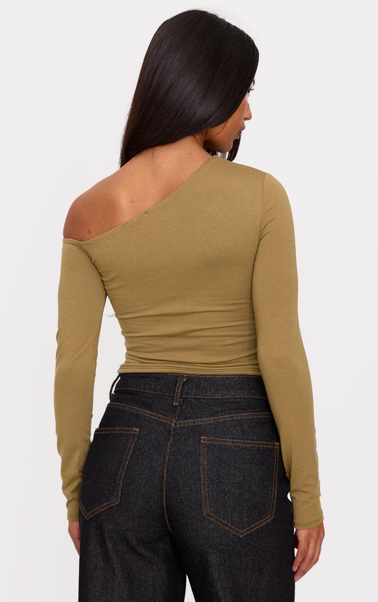 Olive Contour Jersey Asymmetric Twist Detail Long Sleeve Top Product Image