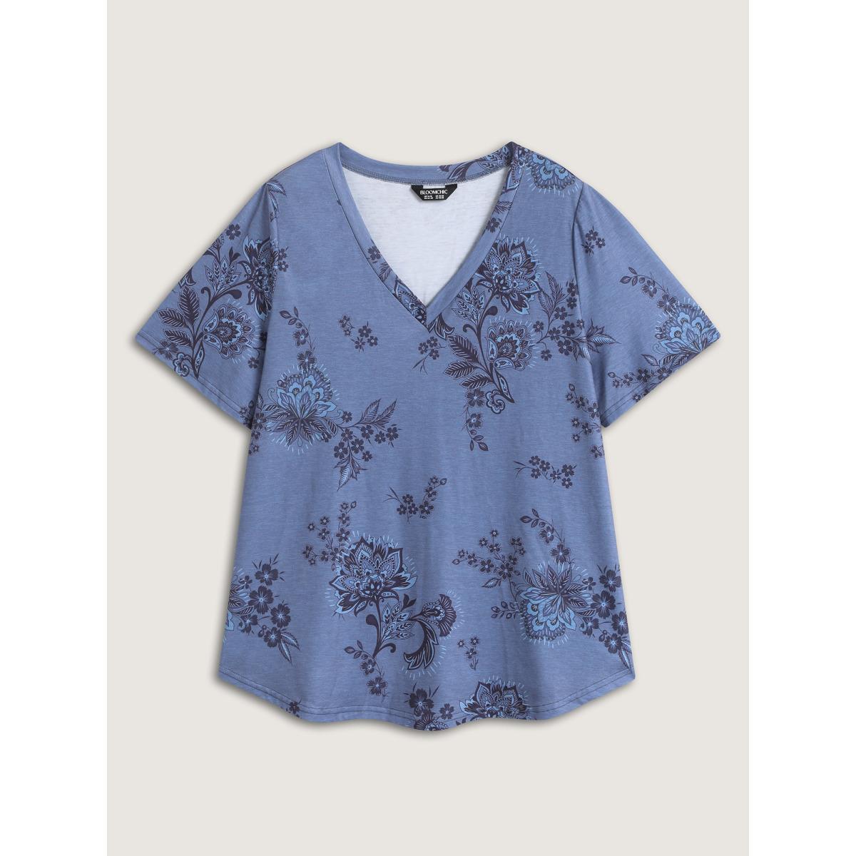 Plus Size Floral V-Neck Drapey T-Shirt Cerulean Women Leisure Non V-neck Casual T-shirts BloomChic 26/4X Product Image