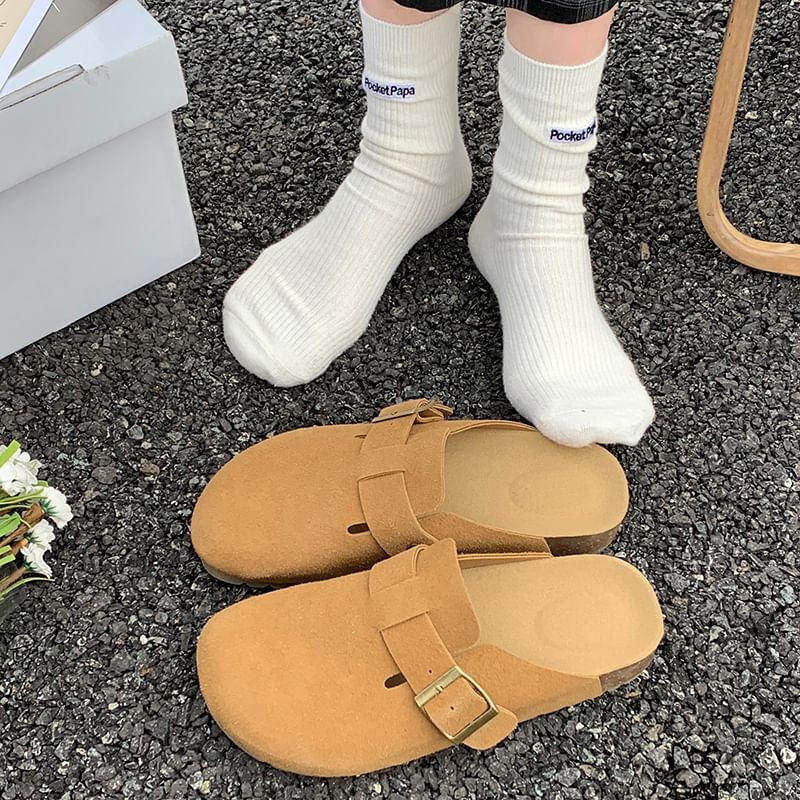 Platform Plain Buckled Faux Suede Mules Product Image