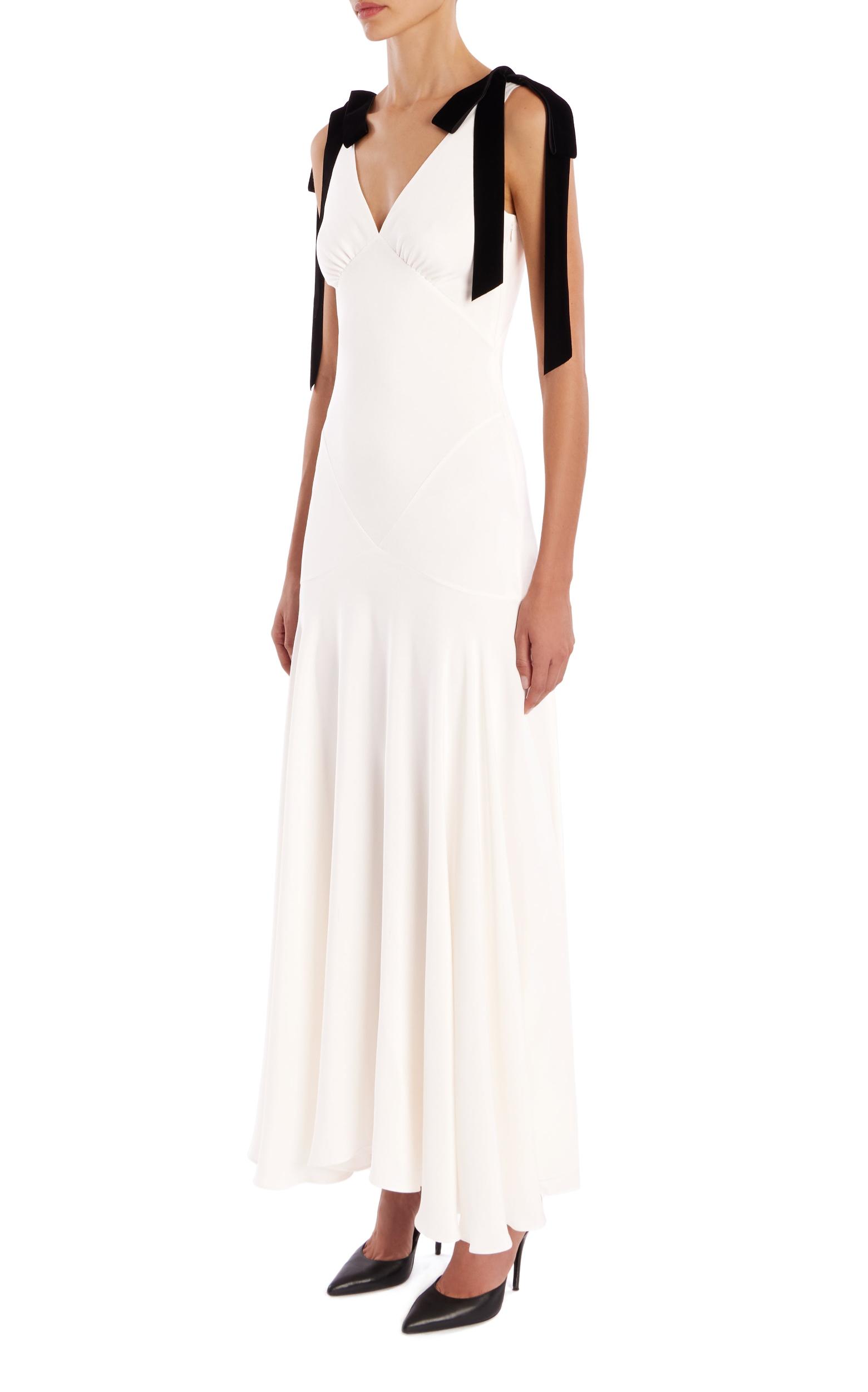 White Silk Crepe Bias Dress With Black Velvet Ribbon Bow Detail Product Image