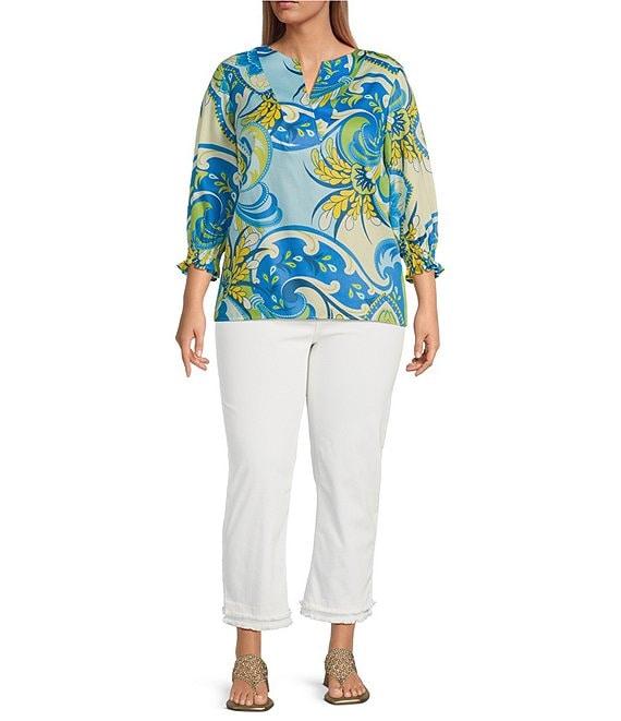 Foxcroft Plus Size Alicia Cotton Sateen Multi Flower Collage Print Split V-Neck 3/4 Sleeve Top Product Image
