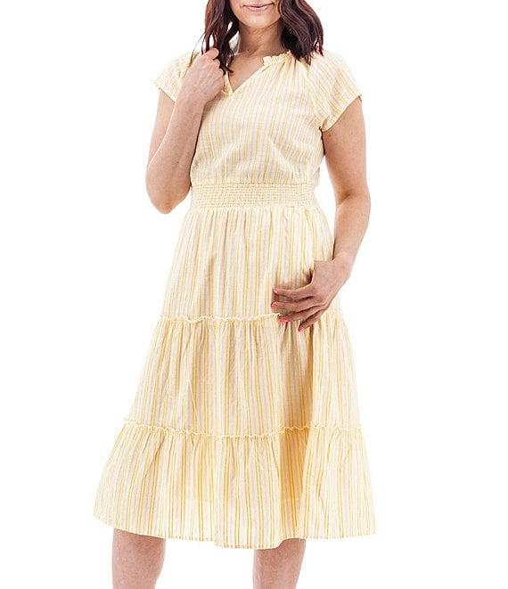 Aventura Colmar Stripe Organic Cotton Dobby Woven Split V-Neck Smocked Waist TIered Midi Dress Product Image
