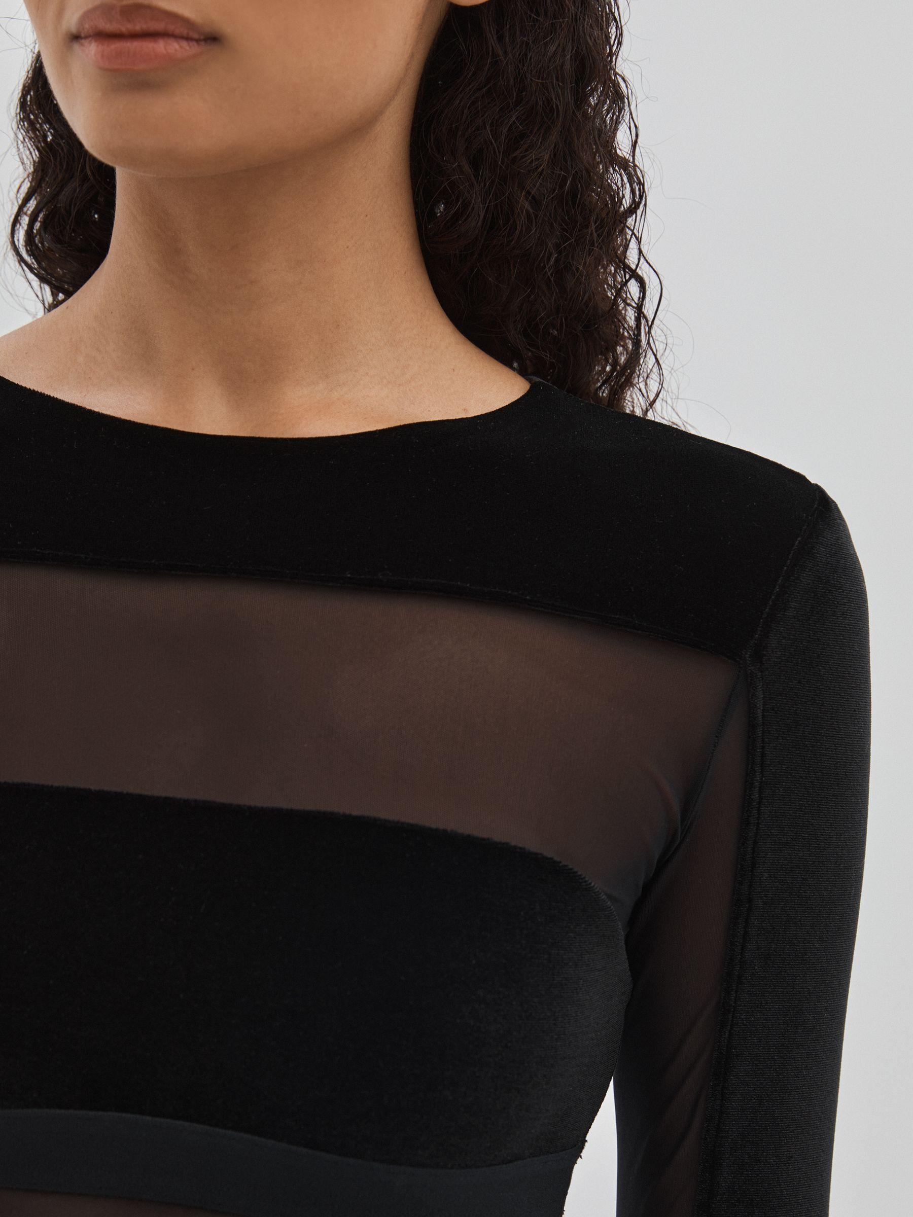 Velvet and Mesh Bodysuit in Black Product Image