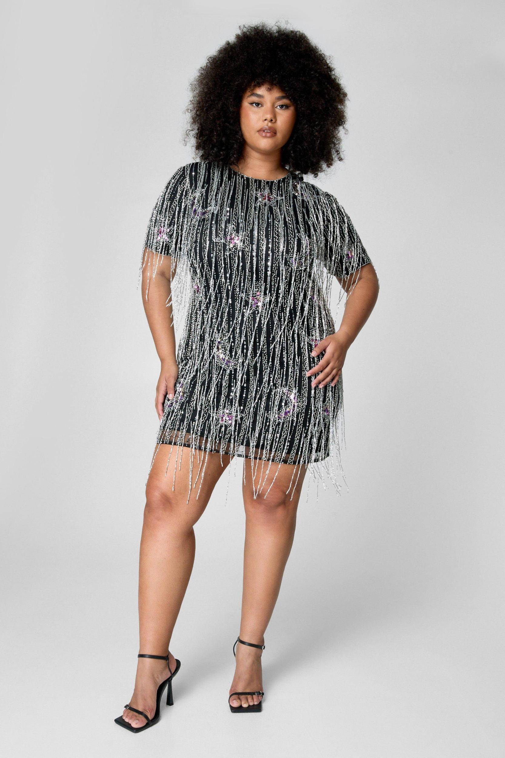 Plus Moon And Star Beaded Tassel Shift Mini Dress Product Image