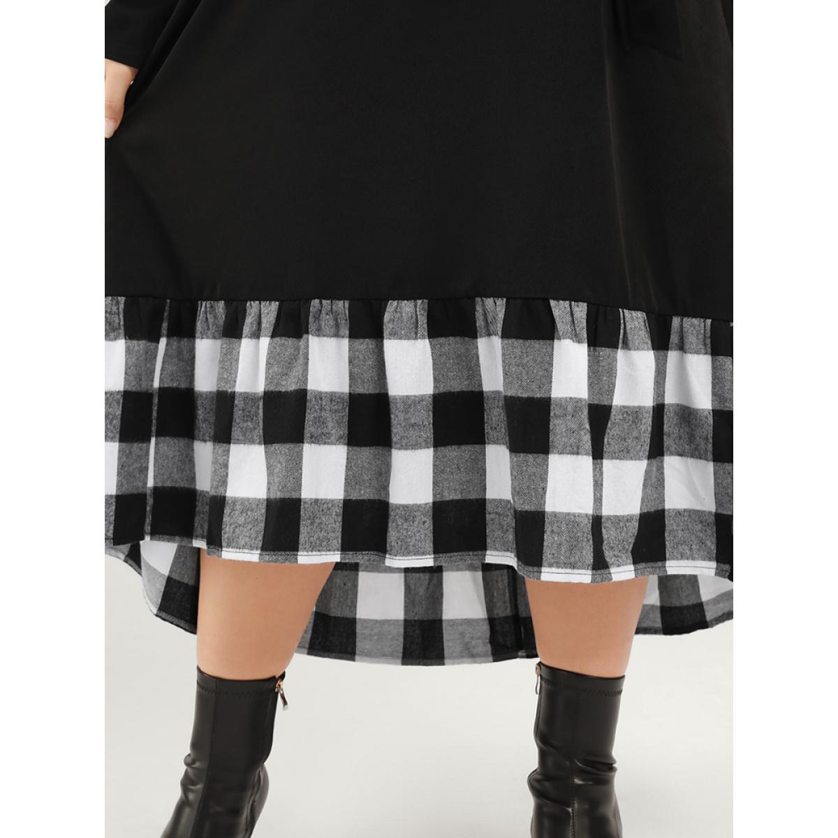 Plus Size Plaid Patchwork Pocket Belted Asymmetrical Hem Dress Black Women Elegant Belted Round Neck Long Sleeve Curvy Midi Dress BloomChic 30/6X Product Image