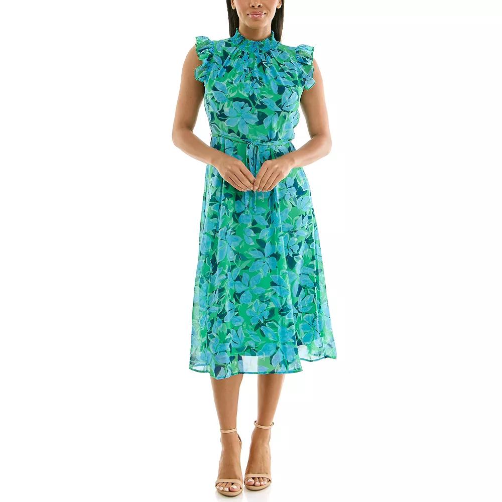 Womens Nina Leonard Smocked Flutter Sleeve Print Dress Product Image