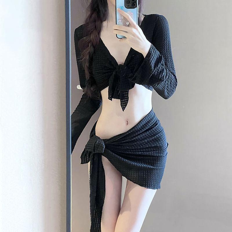 Set: Plain Cover-Up Jacket + Bikini Top + Bottom + Cover-Up Skirt Product Image