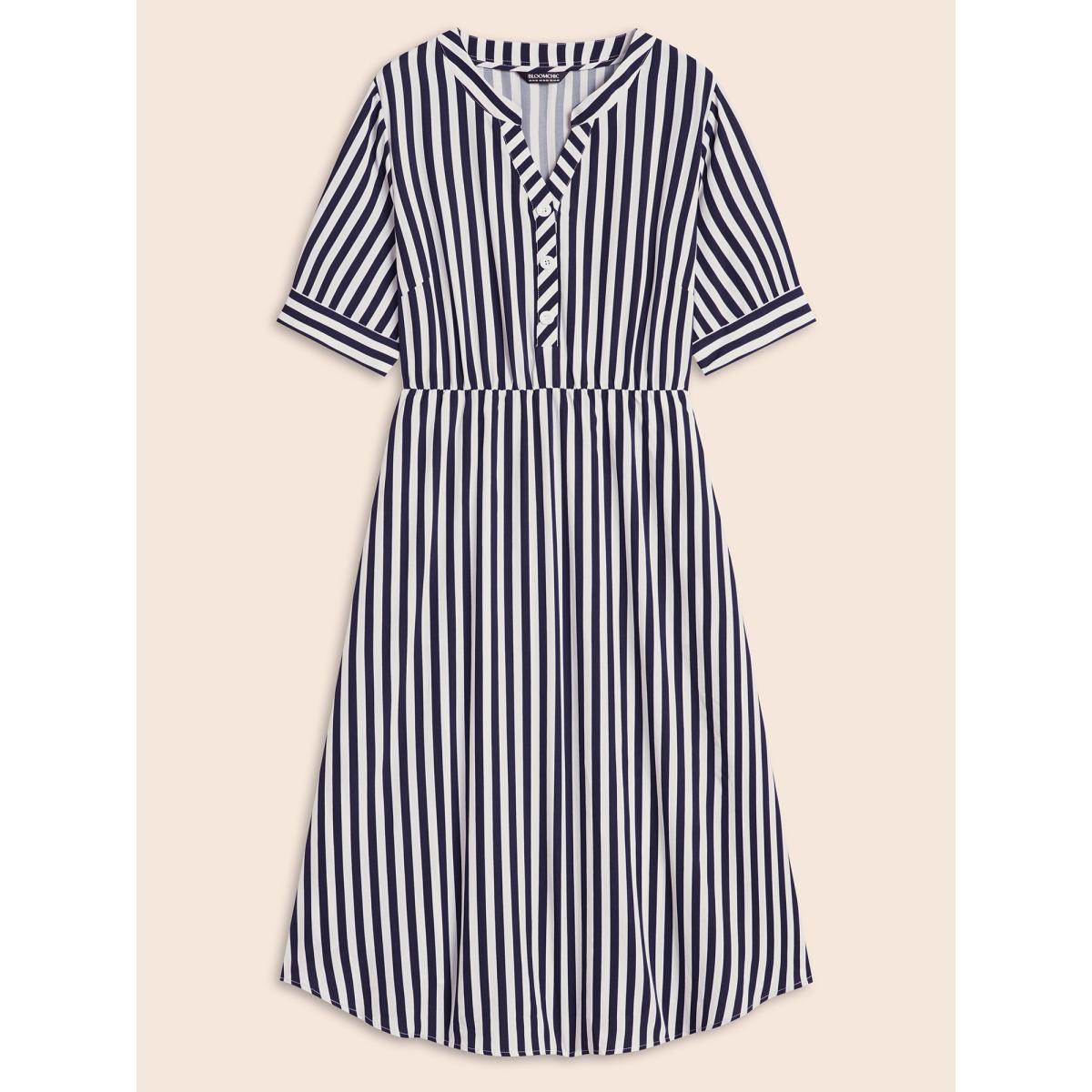 Plus Size Striped Notched Button Detail Midi Dress Navy Women At the Office Button Flat collar with V-notch Half Sleeve Curvy BloomChic 22-24/3X Product Image