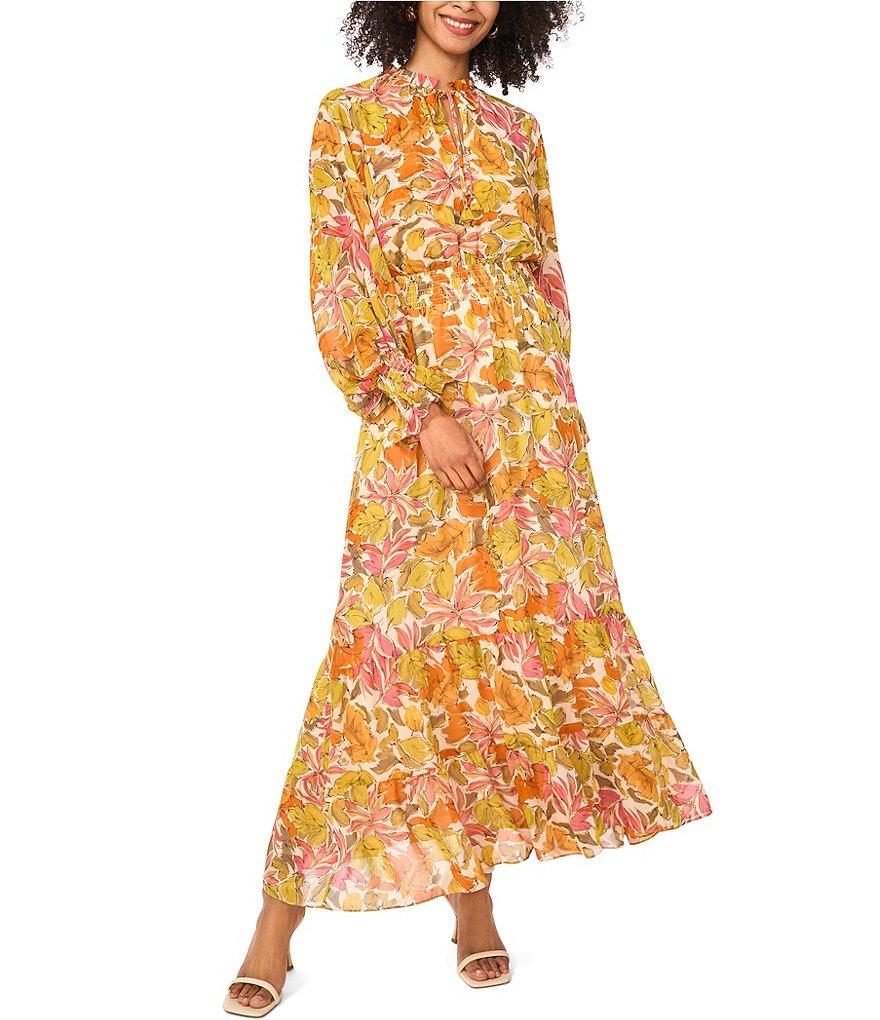 Vince Camuto Woven V-Neck Long Sleeve Smocked Waist Tie Front Dress Product Image