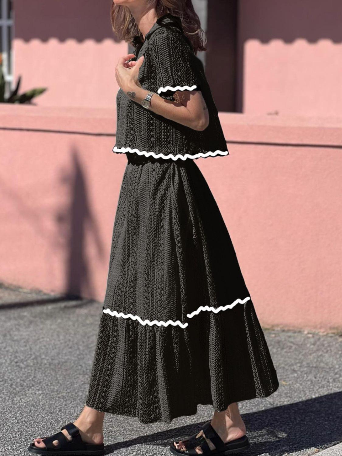 Contrast Trim Openwork Short Sleeve Top and Skirt Set Product Image