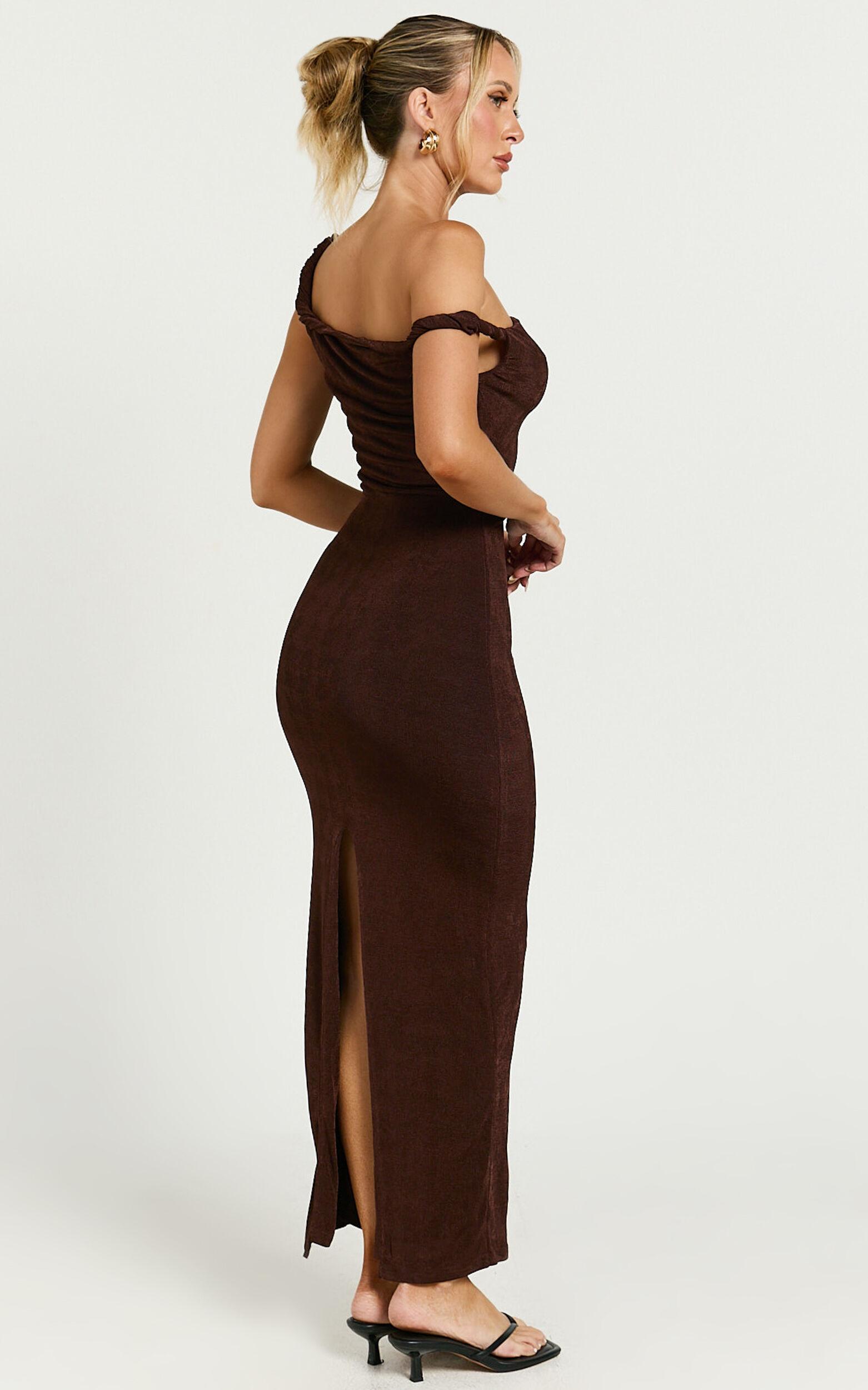 Isabel Midi Dress - Twist Off Shoulder Bodycon Dress in Chocolate Product Image