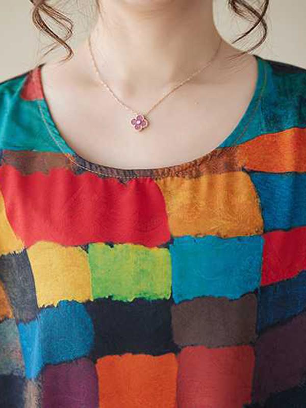 Loose Sleeveless Contrast Color Multi-Colored Plaid Round-Neck Midi Dresses Product Image