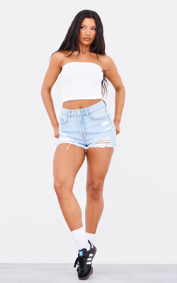 Light Blue Distressed High Rise Basic Denim Shorts Product Image