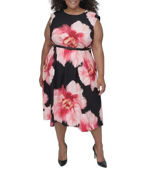 DKNY by Donna Karan Plus Size Crew Neck Cap Sleeve Belted Fit and Flare Dress Product Image