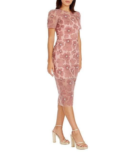 Dress the Population Lia Floral Mesh Crew Neck Short Sleeve Midi Dress Product Image
