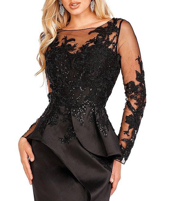 Terani Couture Embroidered Illusion Round Neck Long Sleeve Front Slit Ruffled Mermaid Gown Product Image