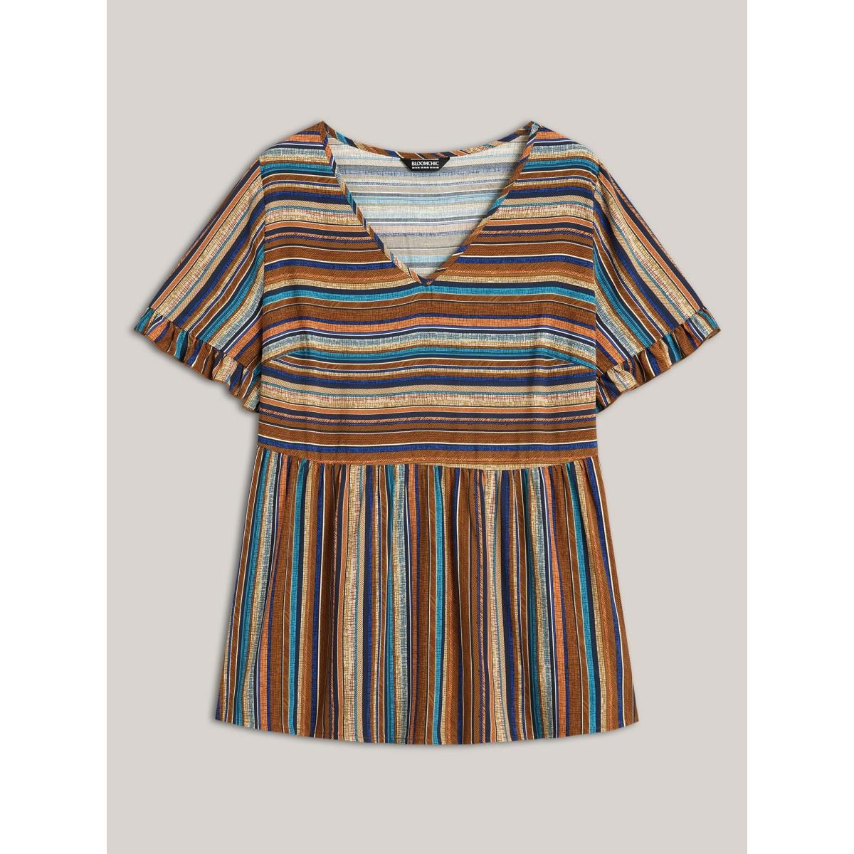 Plus Size Multicolor Striped V-Neck Peplum Shirt Women Boho Short sleeve V-neck Vacation Blouses BloomChic 26/4X Product Image