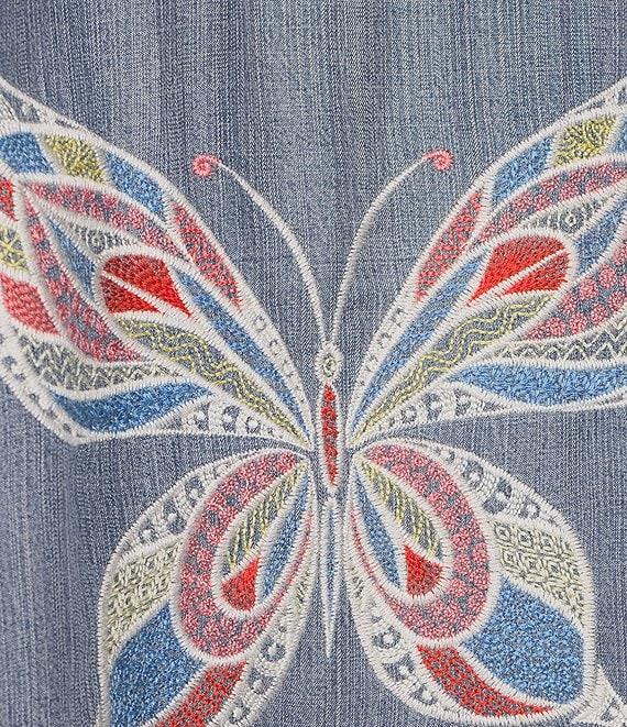 John Mark Embroidered Multi Floral Point Collar Long Roll-Tab Sleeve Tie-Front Top Product Image