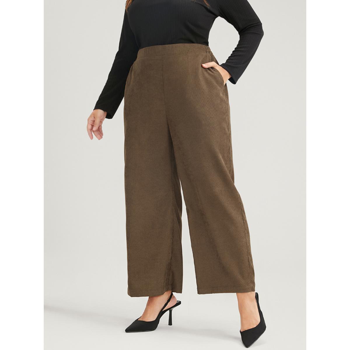 Plus Size Solid Pocket Elastic Waist Corduroy Pants Women Tan Office Mid Rise Office Pants BloomChic 14-16/1X Product Image