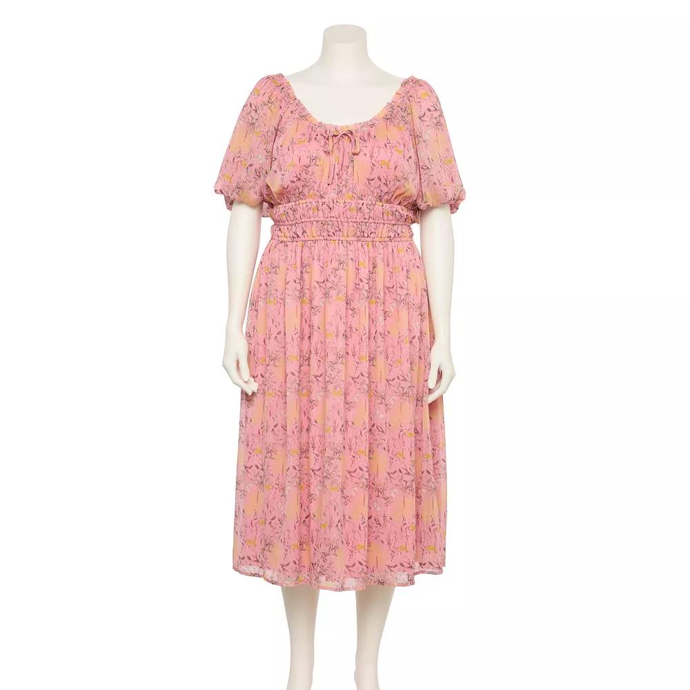 Plus Size LC Lauren Conrad Shirred Bodice Tea Length Dress, Women's, Size: 1XL, Pink Botanica Product Image