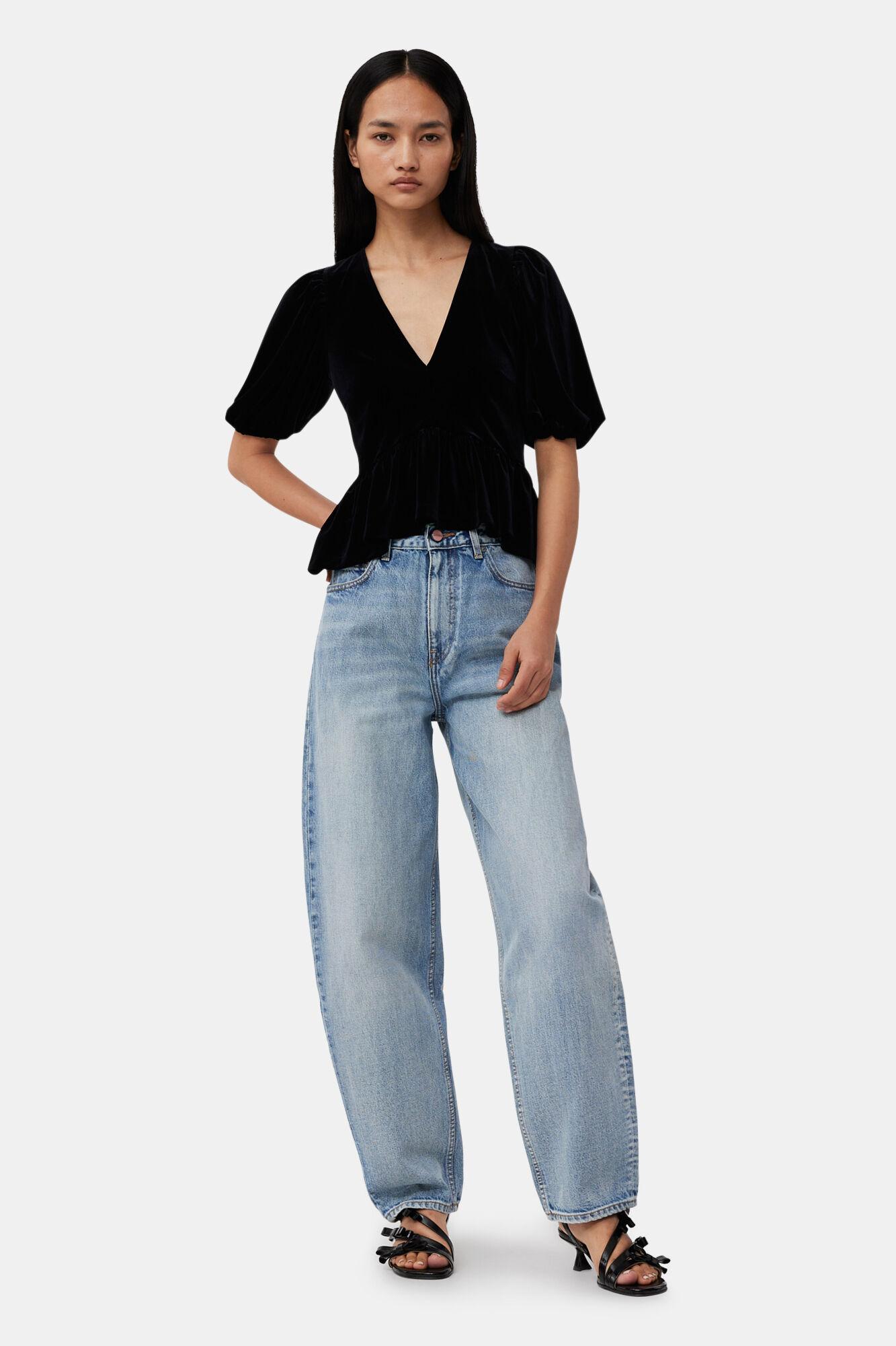 Black Velvet Jersey V-neck Blouse Product Image