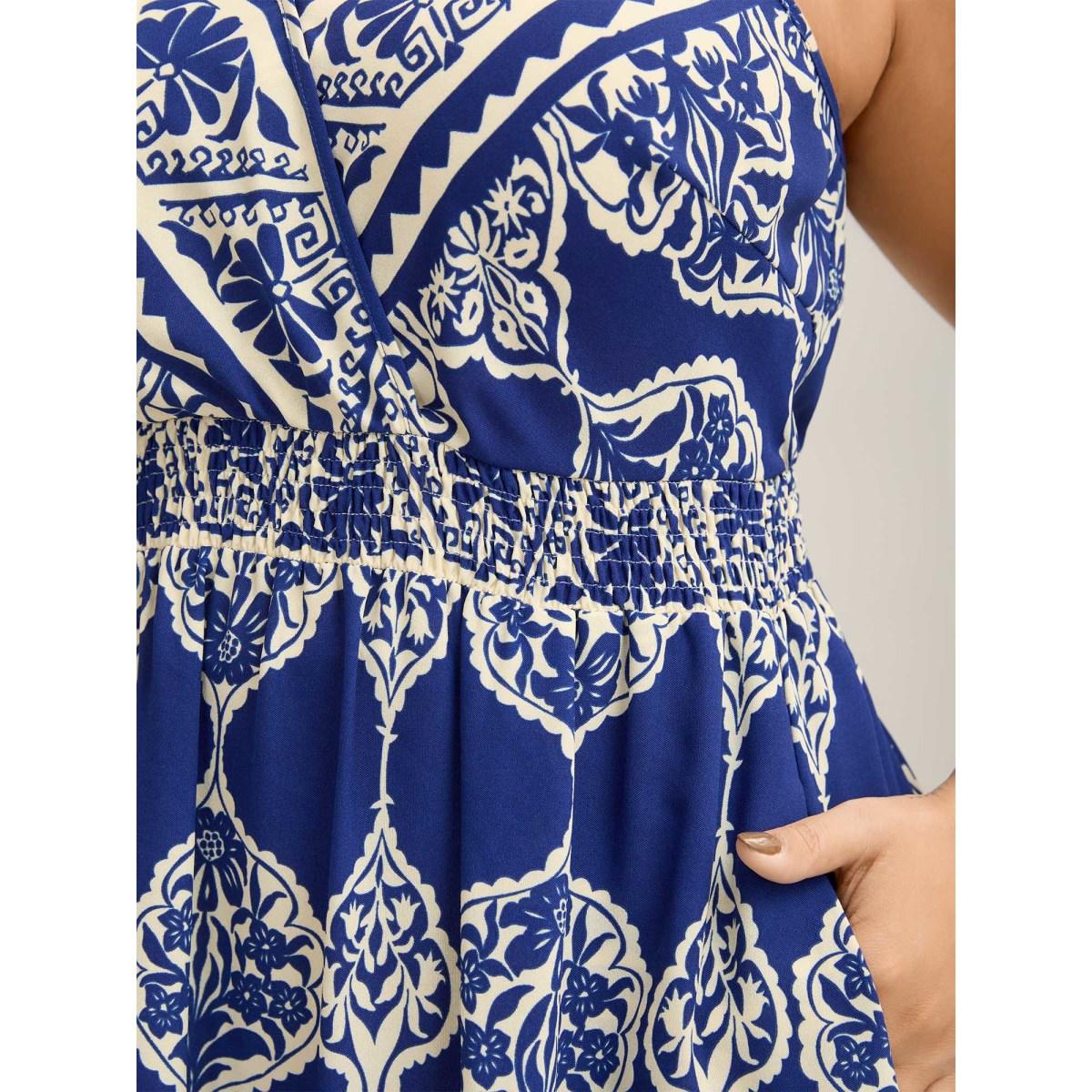 Plus Size Boho Print Shirred Pockets Midi Dress DarkBlue Women V-neck Sleeveless Curvy BloomChic 18-20/2X Product Image