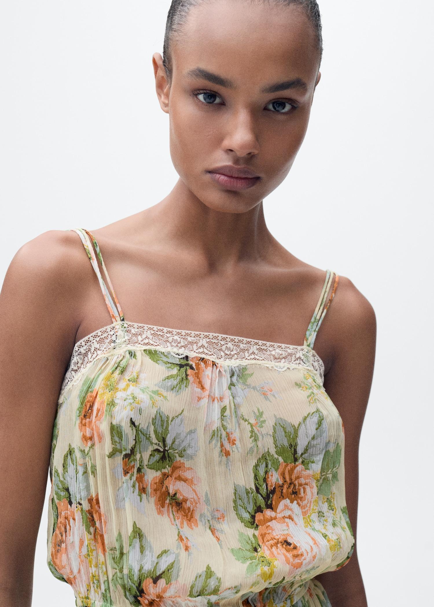 Long floral jumpsuit with puffed hem - Women | MANGO USA Product Image