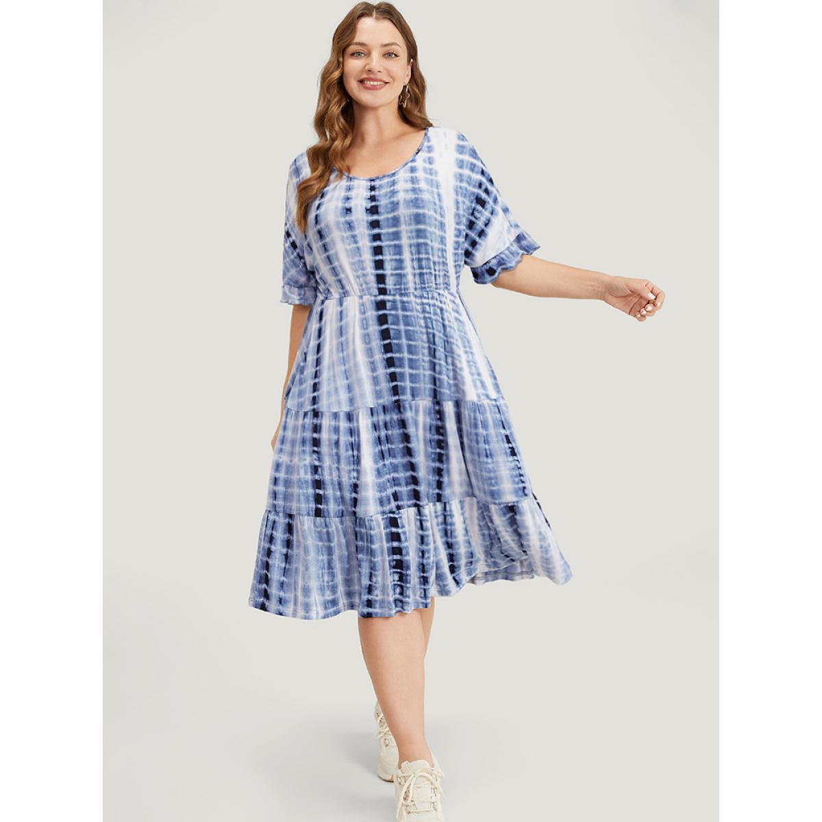 Plus Size Tie Dye Dolman Sleeve Pocket Ruffle Tiered Dress DarkBlue Women Casual Pocket Round Neck Short sleeve Curvy Knee Dress BloomChic 12/L Product Image